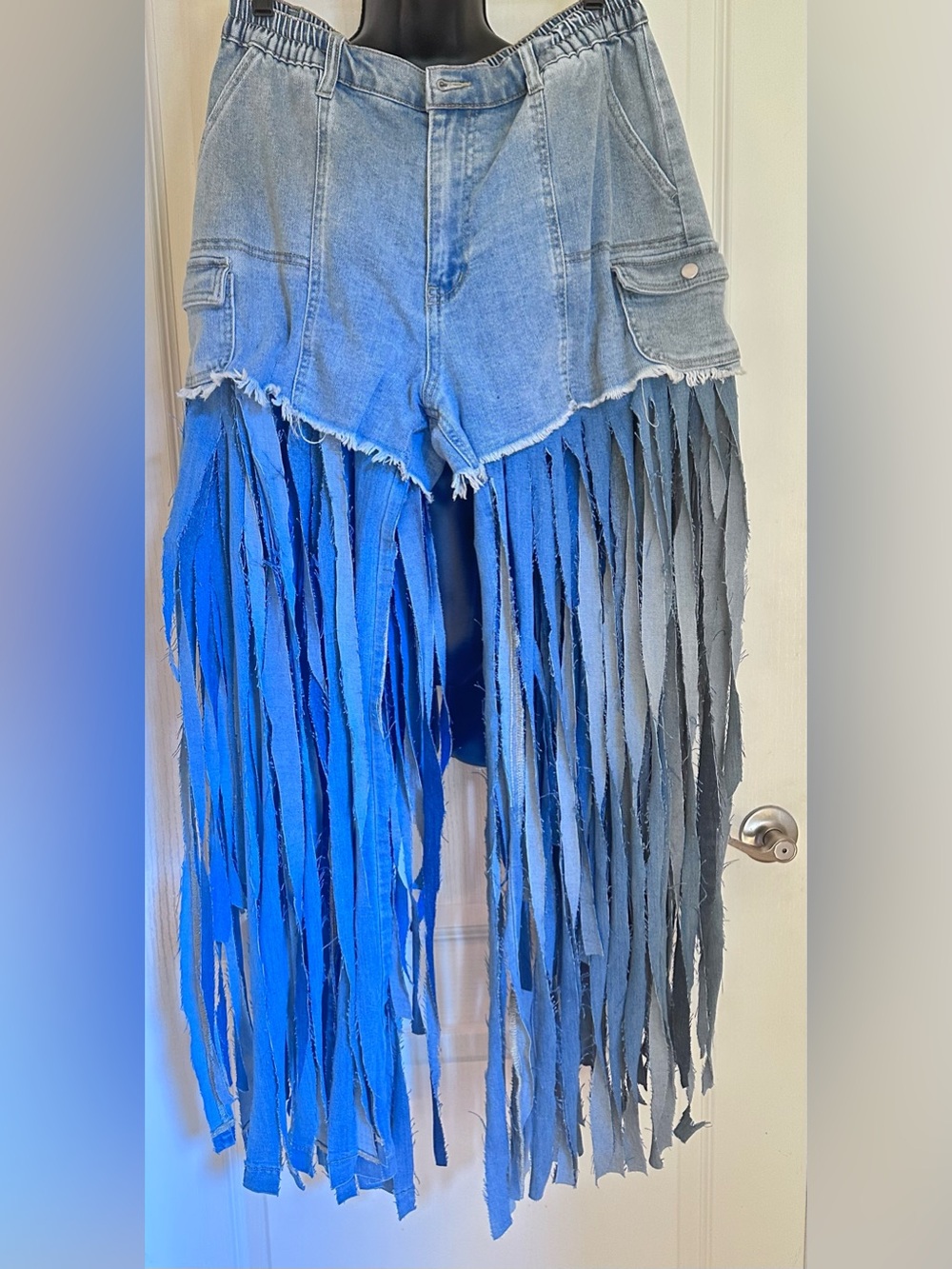 Upcycled triple Fringed Denim Shorts with Long Tassels  size L - Picture 5 of 6